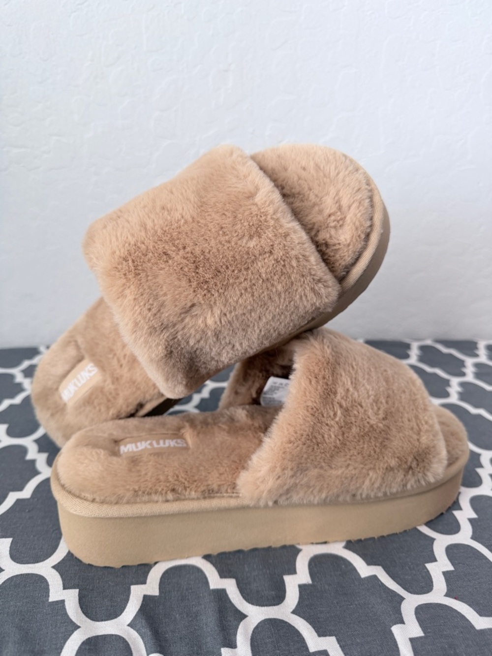 Muk Luks Plush Faux Fur Slide Sandals - Tan